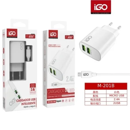 IGO CARGADOR 2 USB CON CABLE MICRO 2.4A M-201