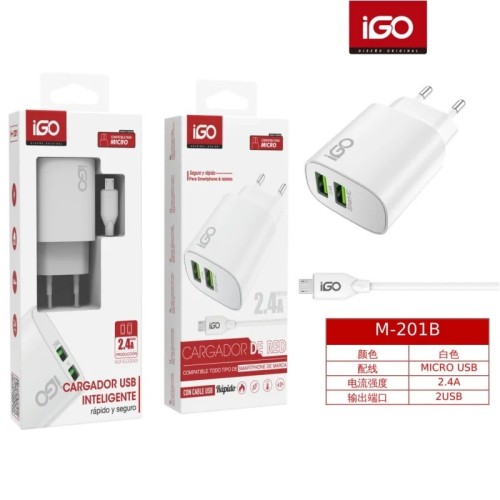 IGO CARGADOR 2 USB CON CABLE MICRO 2.4A M-201