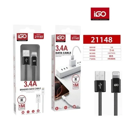 IGO CABLE LIGHTNING TRENZADO USB 3.4A 1M NEGRO 21148