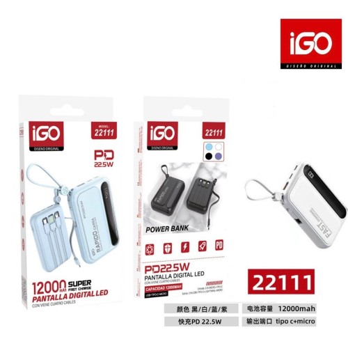 IGO POWER BANK PANTALLA LED CON CABLES DE CARGA 22111