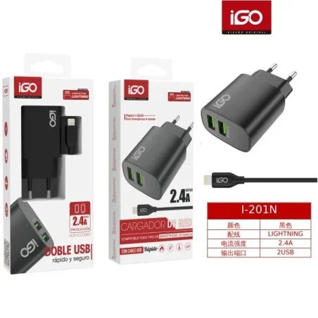 IGO CARGADOR 2 USB CON CABLE LIGHTNING 2.4A NEGRO