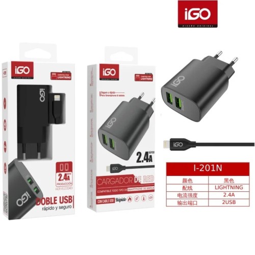 IGO CARGADOR 2 USB CON CABLE LIGHTNING 2.4A NEGRO
