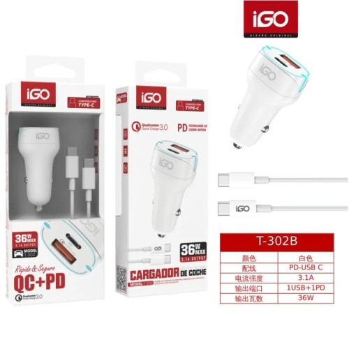 IGO CARGADOR DE COCHE USB+PD 3.1A 36W CON CABLE TIPO-C BLANCO T-302