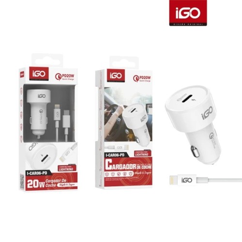 IGO CARGADOR DE COCHE 1TIPO-C PD20W CON CABLE LIGHTNING BLANCO I-CAR06-PD