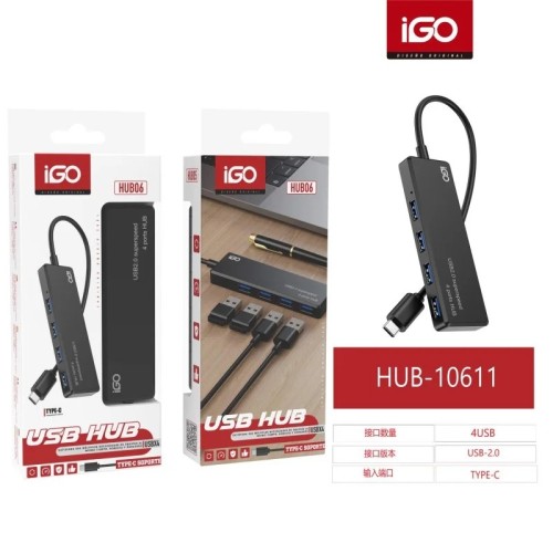 IGO USB HUB DE 4 PUERTOS CON ENCHUFE TIPO-C HUB-10611