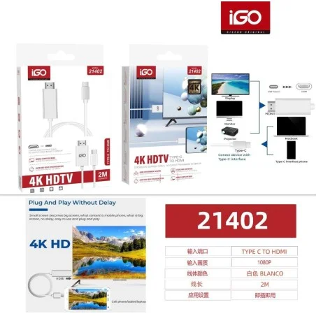 IGO CABLE DE VIDEO 1080P TIPO-C A HDTV 4K 2M BLANCO