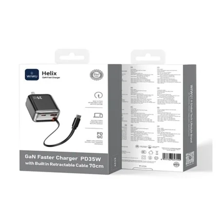 WIWU WI-G029 ADAPTADOR DE VIAJE DE 35W CON CABLE RETRACTIL COLOR NEGRO