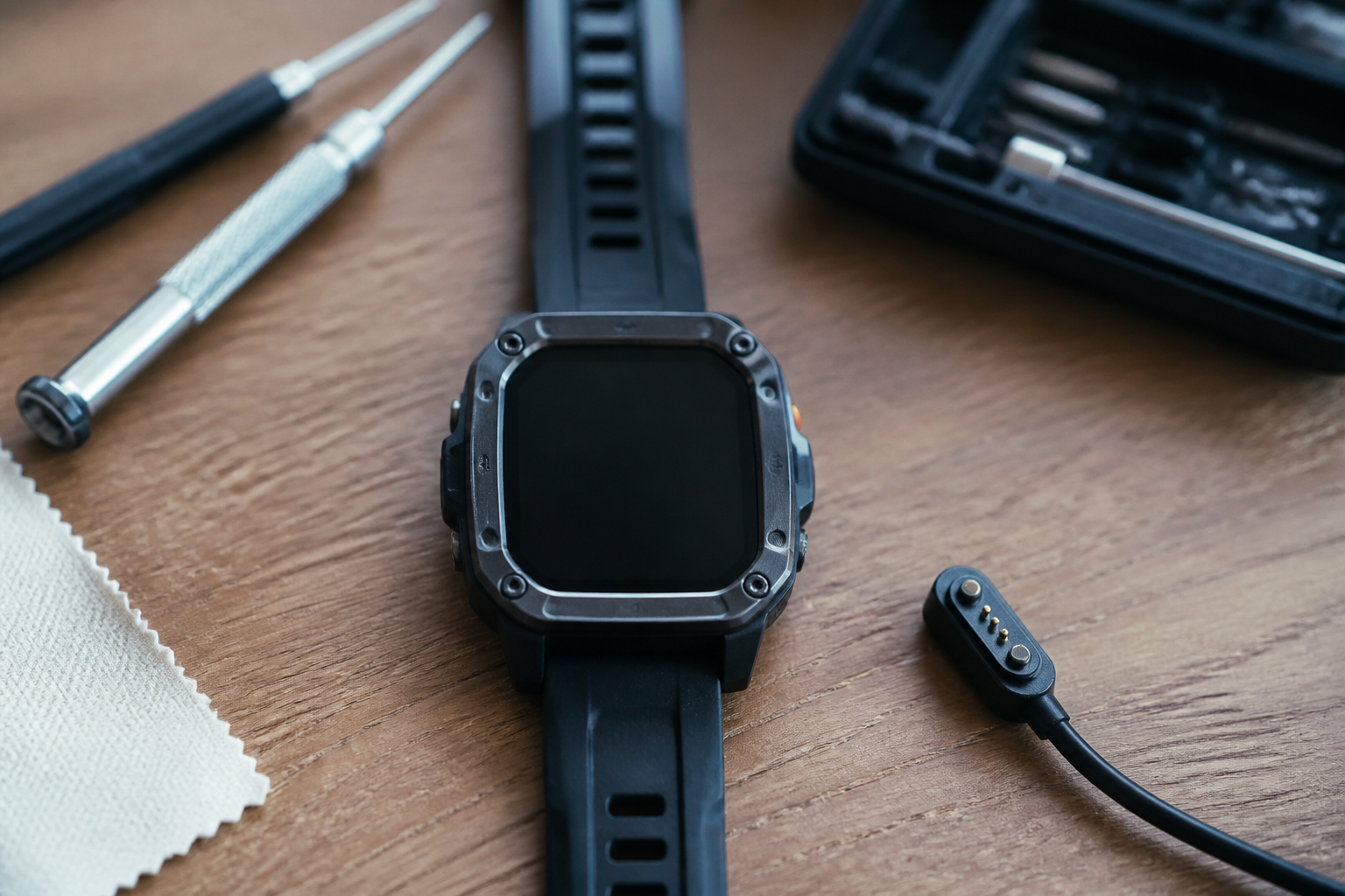 Apple Watch Ultra en el centro con cargador magnético ilustrando diagnóstico de batería o carga