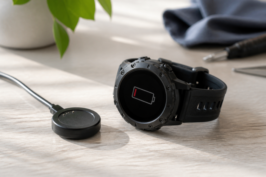 Apple Watch Ultra sobre una mesa con cargador magnético y batería baja
