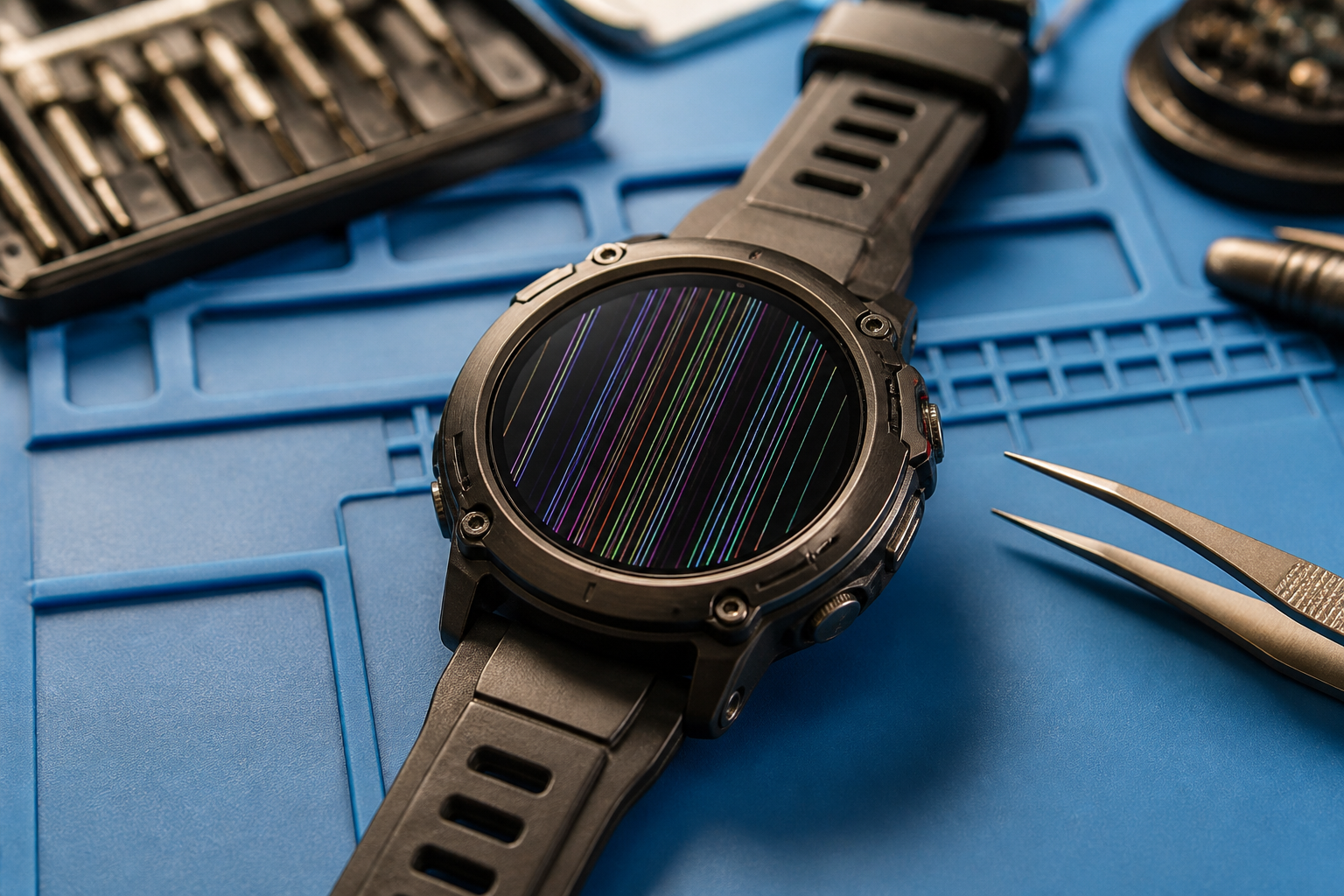 Pantalla de Apple Watch Ultra con líneas sobre esterilla de reparación