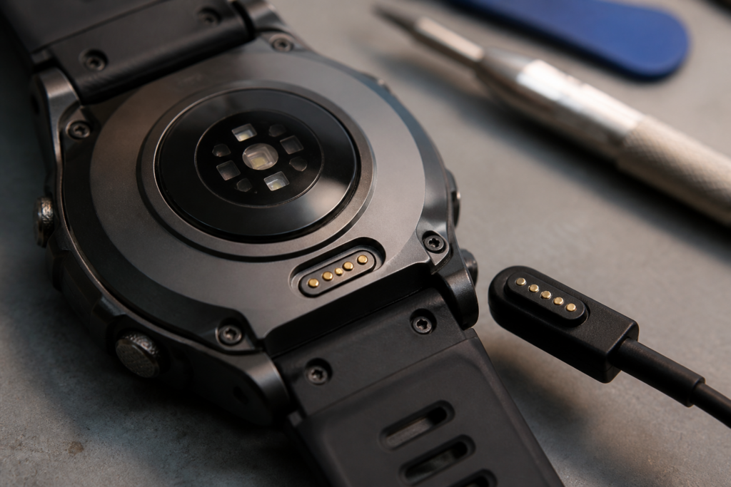 Detalle de la carga magnética de un Apple Watch Ultra con cable de carga