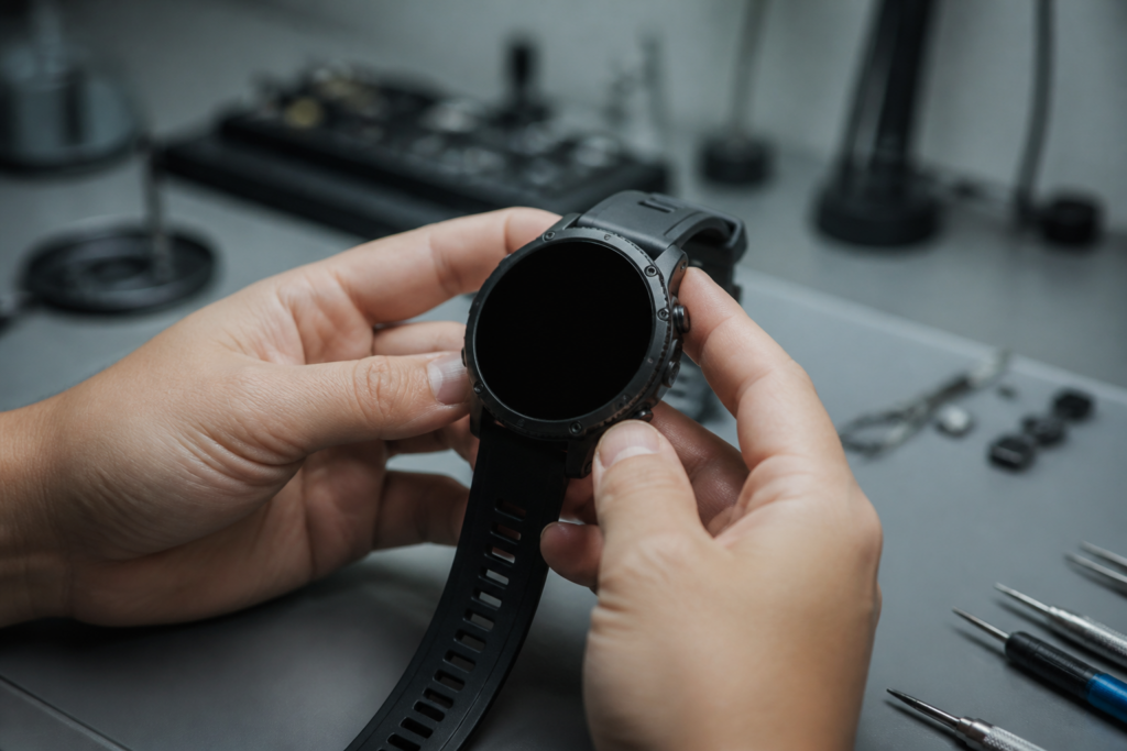 Persona sosteniendo un Apple Watch Ultra con la pantalla completamente negra
