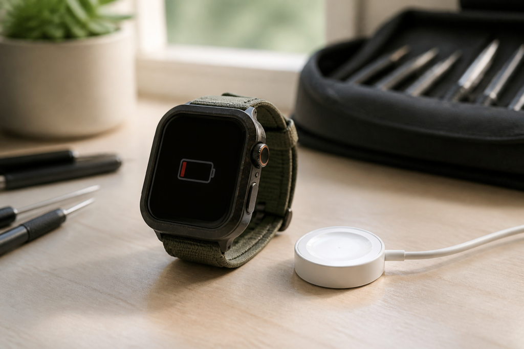 Apple Watch Ultra 2 sobre una mesa con cargador magnético y batería baja