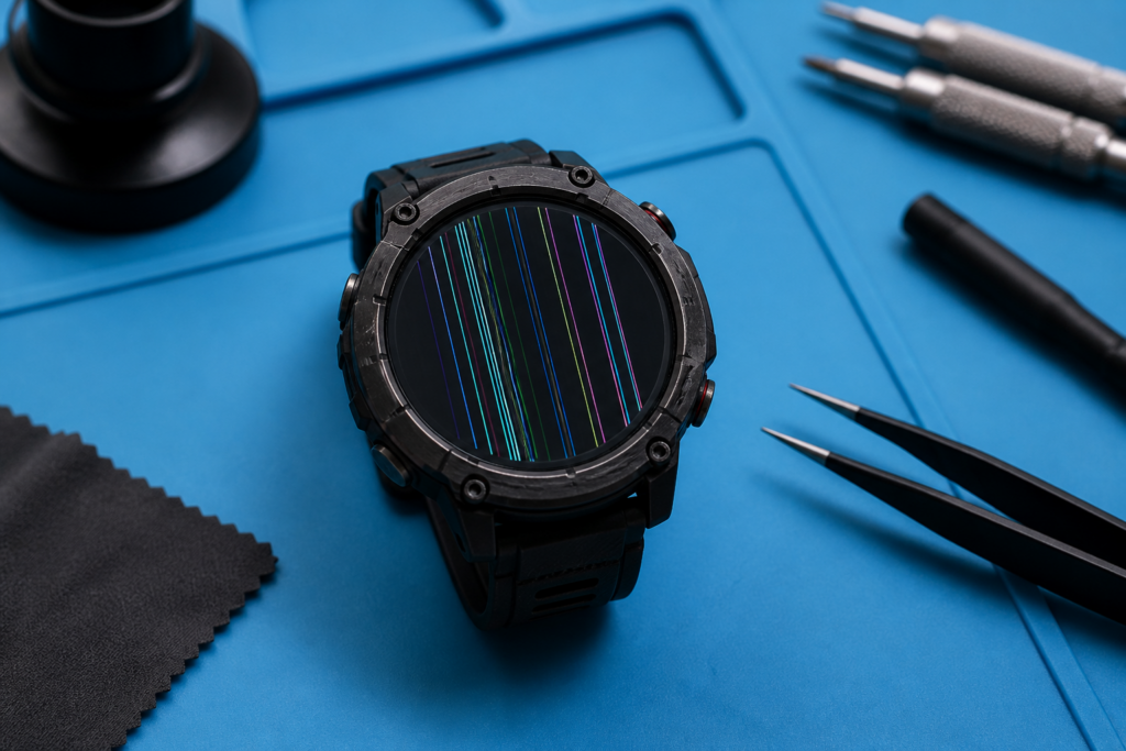 Pantalla de Apple Watch Ultra 2 con líneas sobre esterilla de reparación