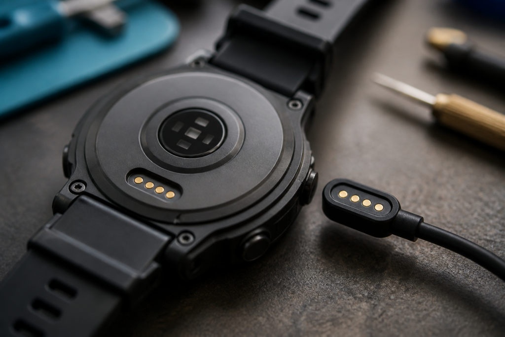 Detalle de la carga magnética de un Apple Watch Ultra 2 con cable de carga
