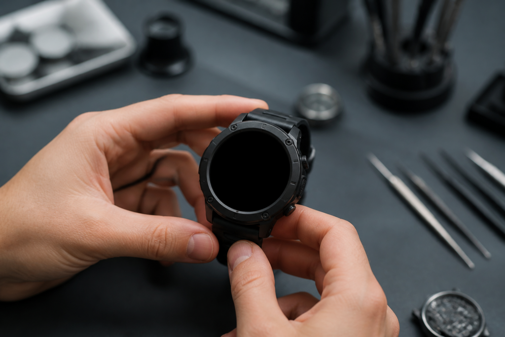 Persona sosteniendo un Apple Watch Ultra 2 con la pantalla completamente negra