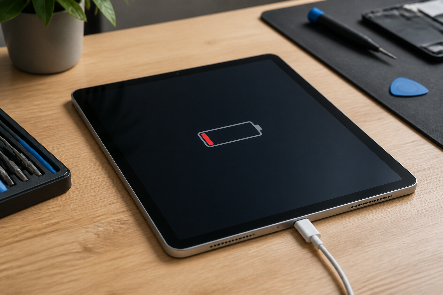 iPad sobre una mesa con cable de carga y batería baja