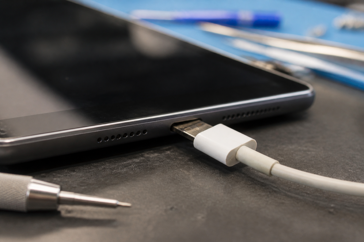 Detalle del puerto de carga de un iPad con cable insertado