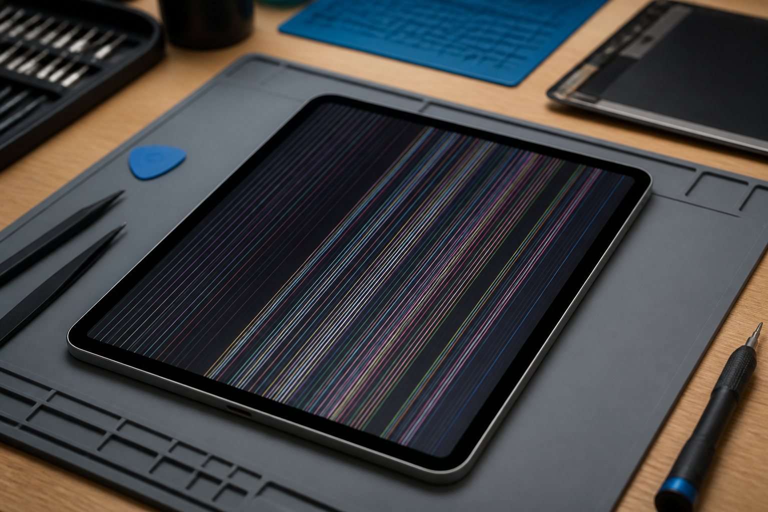 Pantalla de iPad con líneas sobre esterilla de reparación