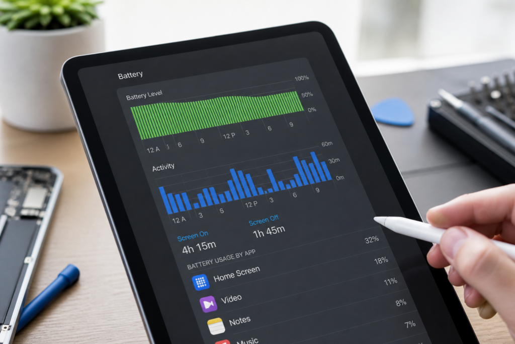 Pantalla de iPad 10 2022 mostrando el uso de la batería en iPadOS
