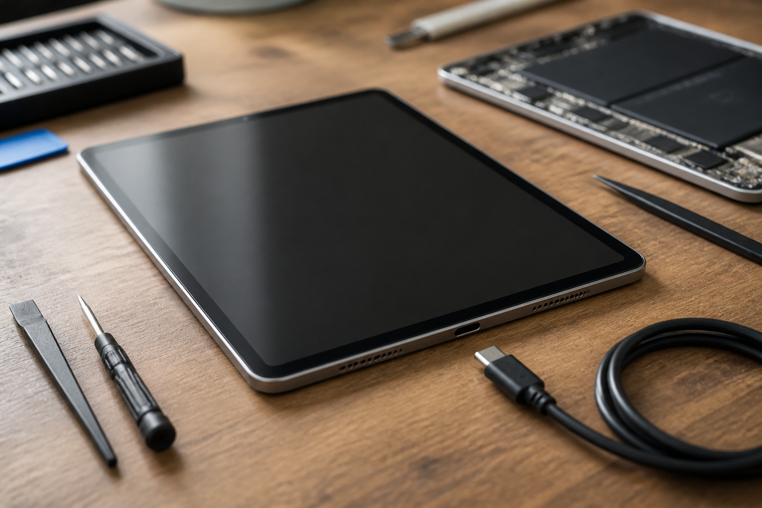 iPad 2025 en el centro con cable USB-C ilustrando diagnóstico de batería o conector