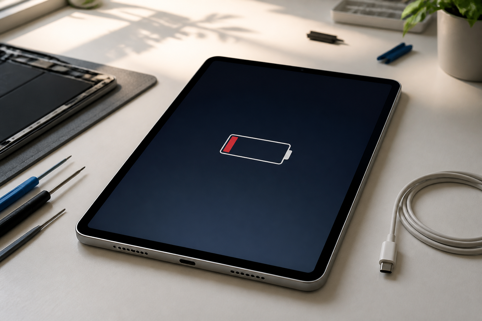 iPad 2025 sobre una mesa con cable USB-C y batería baja