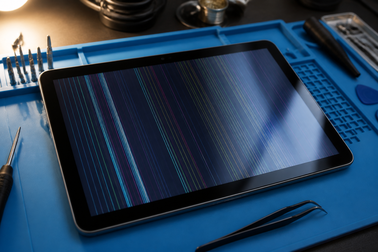 Pantalla de iPad 2025 con líneas sobre esterilla de reparación