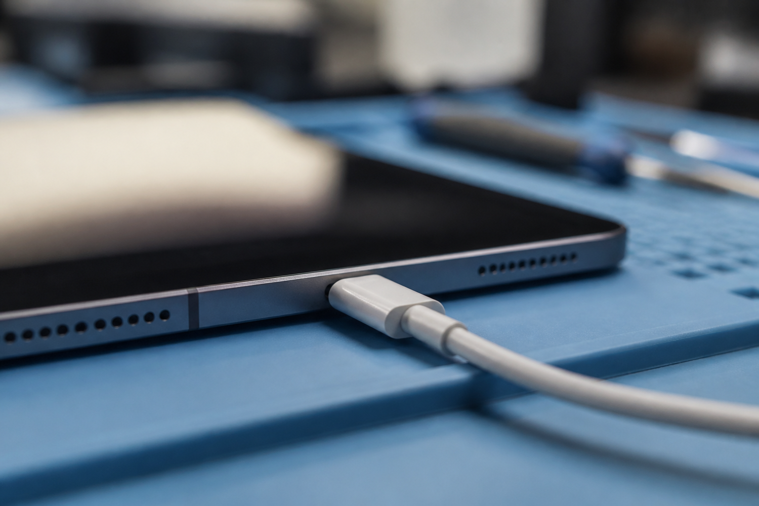 Detalle del puerto USB-C de un iPad 2025 con cable de carga