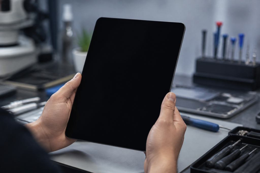 Persona sosteniendo un iPad 2025 con la pantalla completamente negra