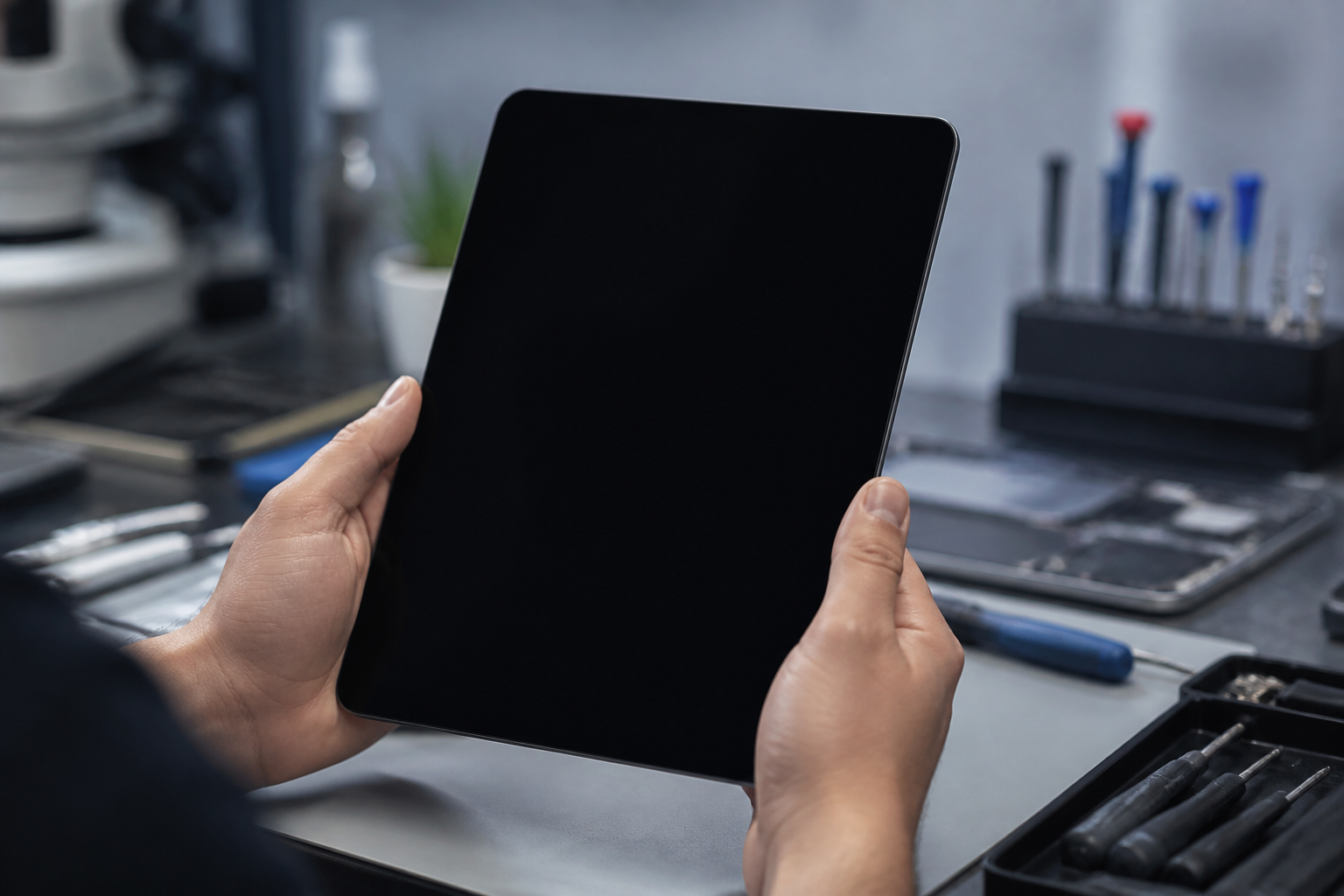 Persona sosteniendo un iPad 2025 con la pantalla completamente negra