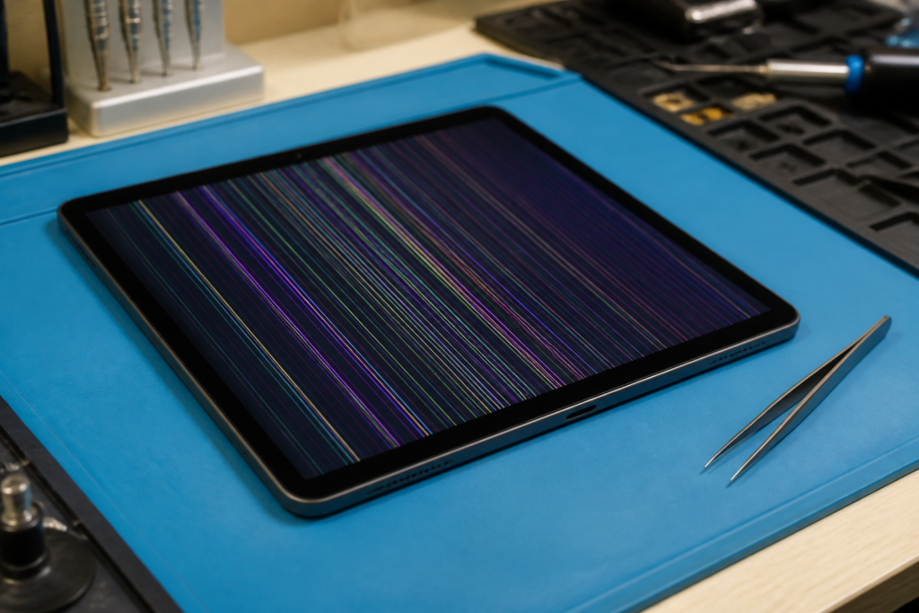 Pantalla de iPad 6 2018 con líneas sobre esterilla de reparación