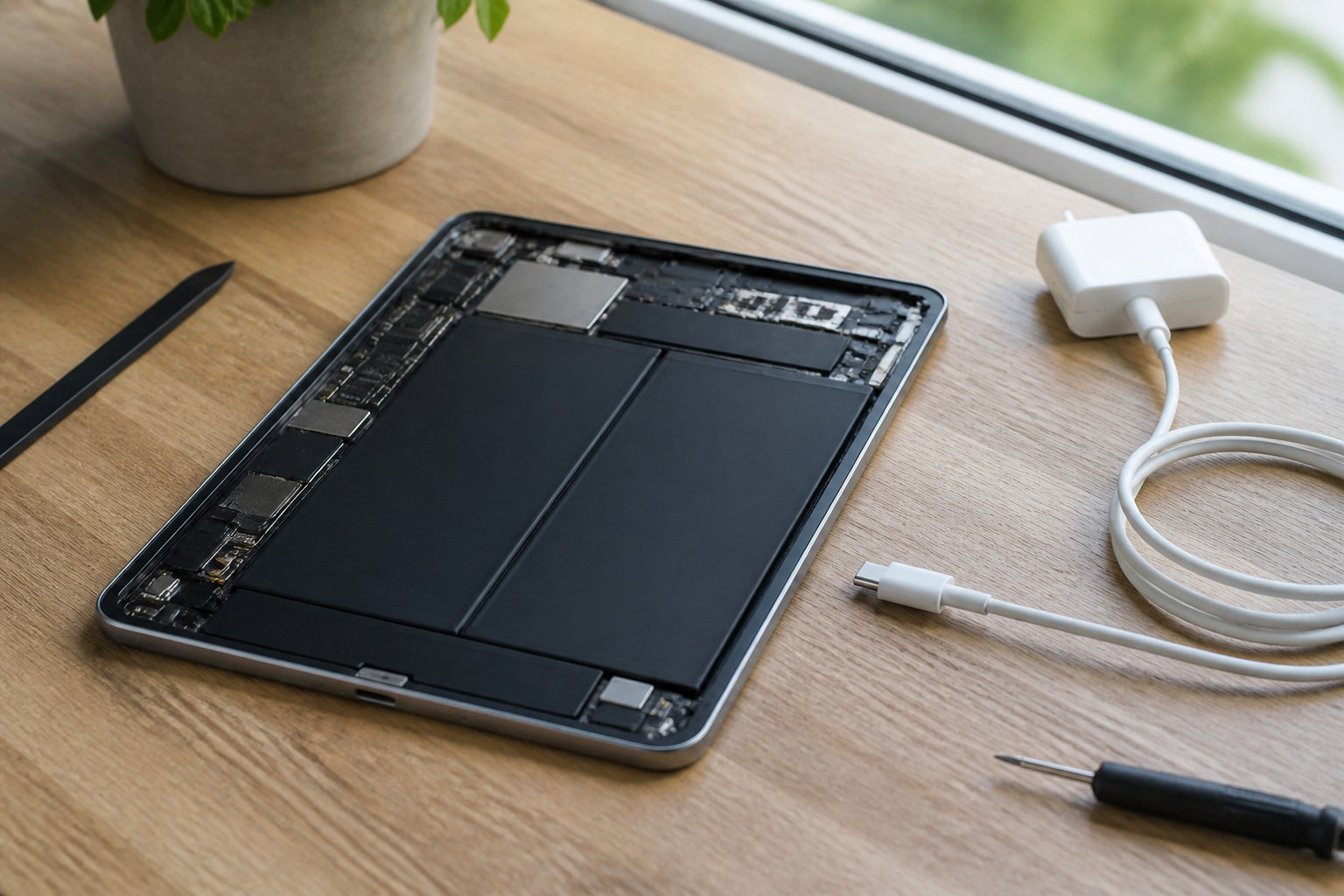 iPad 9 2021 en el centro con cable ilustrando diagnóstico de batería o conector