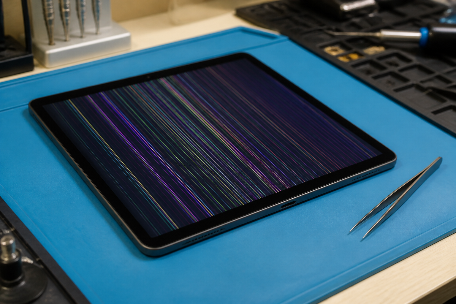 Pantalla de iPad 9 2021 con líneas sobre esterilla de reparación