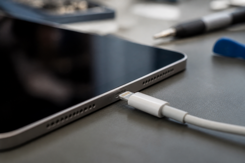 Detalle del puerto Lightning de un iPad 9 2021 con cable de carga