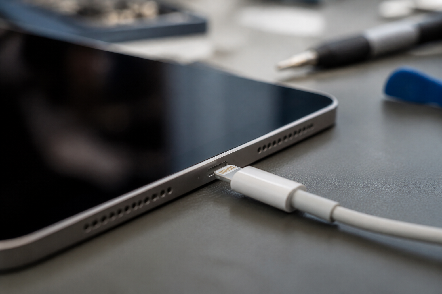 Detalle del puerto Lightning de un iPad 9 2021 con cable de carga