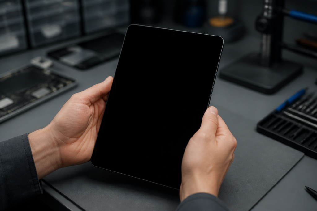 Persona sosteniendo un iPad 9 2021 con la pantalla completamente negra