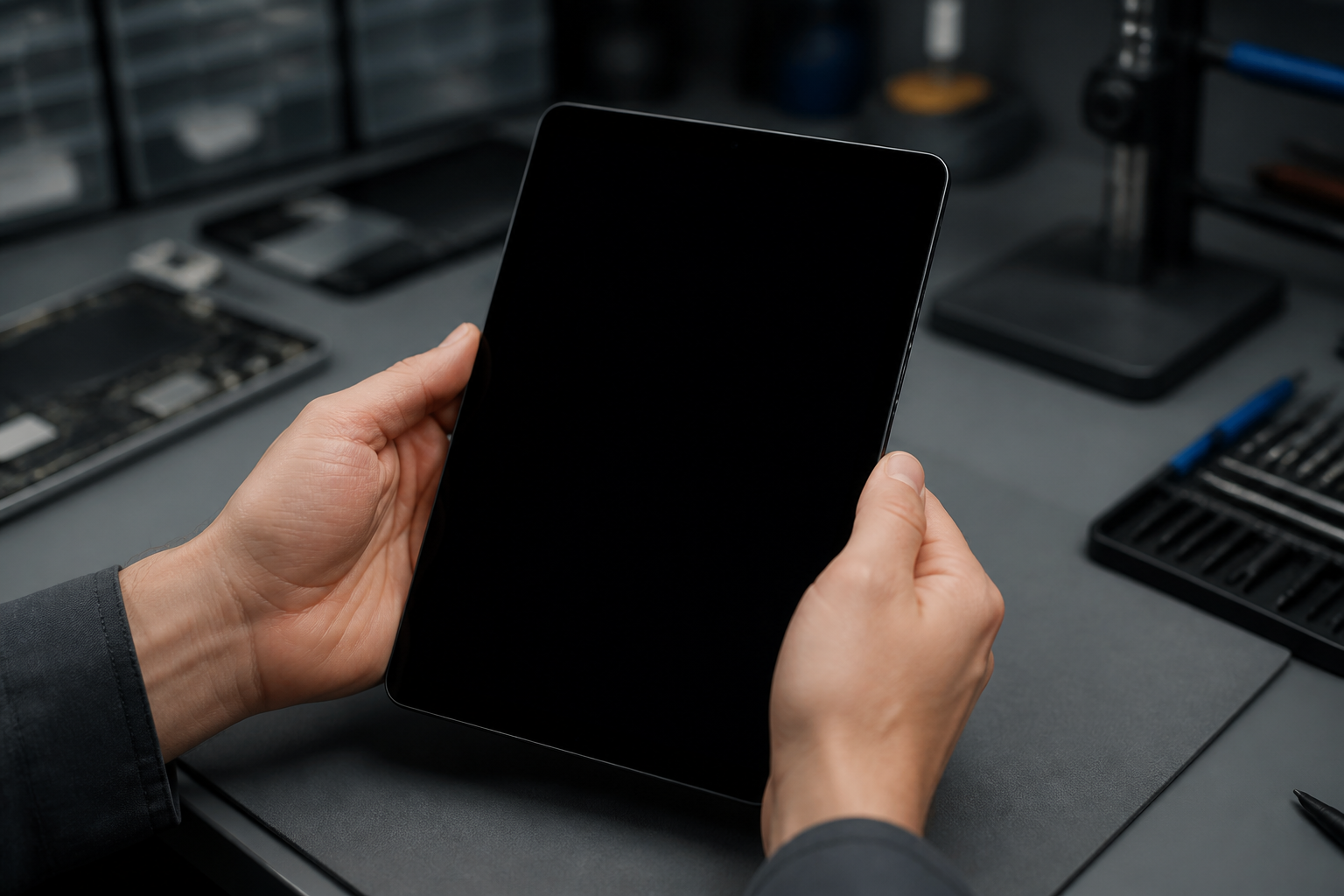 Persona sosteniendo un iPad 9 2021 con la pantalla completamente negra