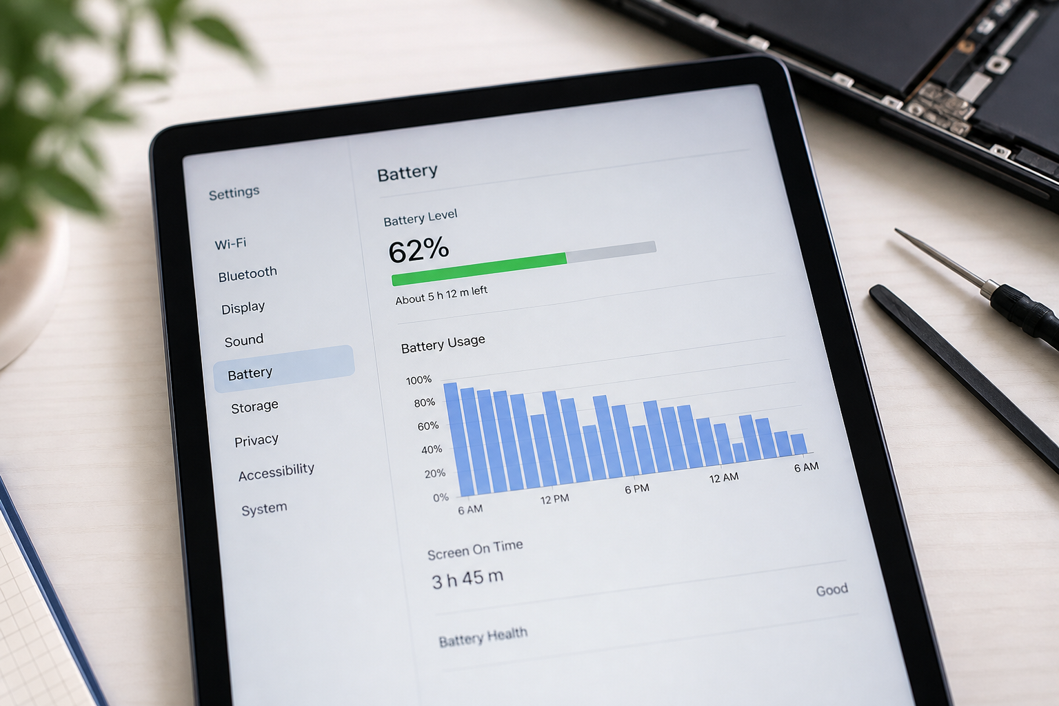 Pantalla de iPad 9 2021 mostrando el uso de la batería en iPadOS