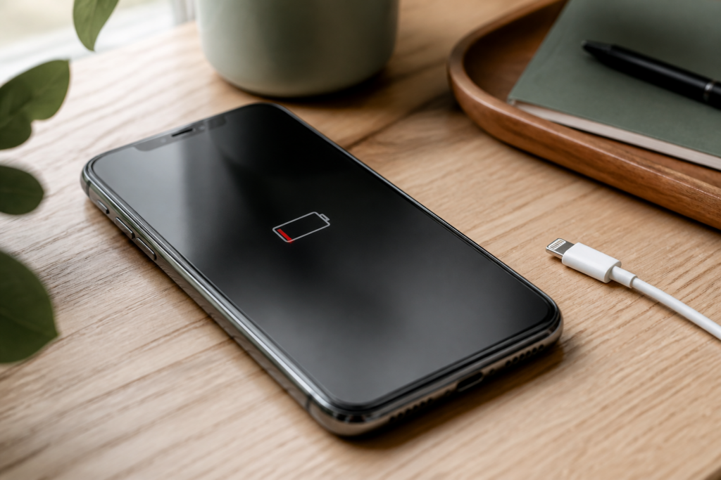 iPhone 11 Pro Max sobre una mesa con cable Lightning y batería baja