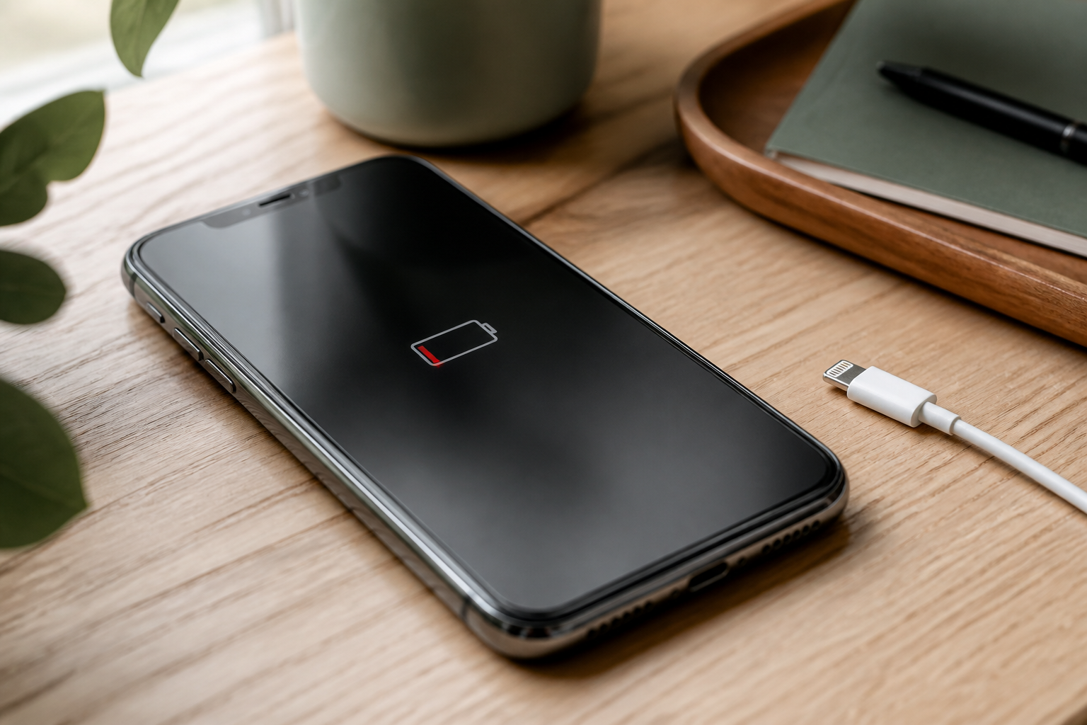 iPhone 11 Pro Max sobre una mesa con cable Lightning y batería baja