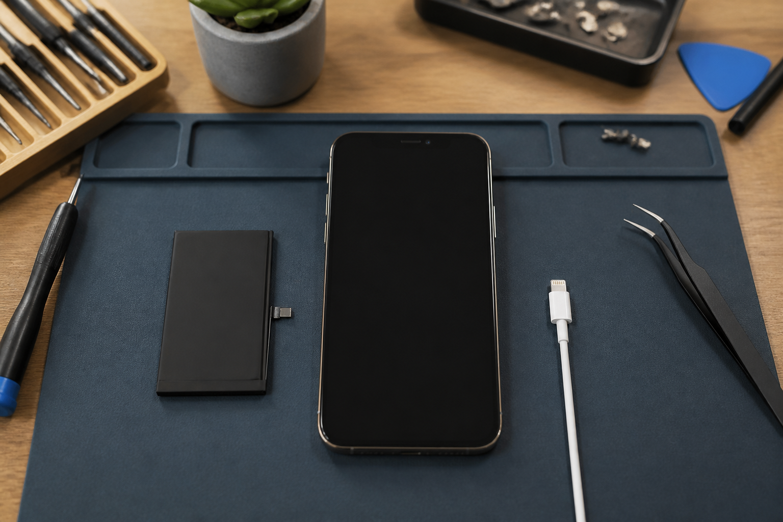 iPhone en el centro con cable Lightning ilustrando diagnóstico de batería o conector