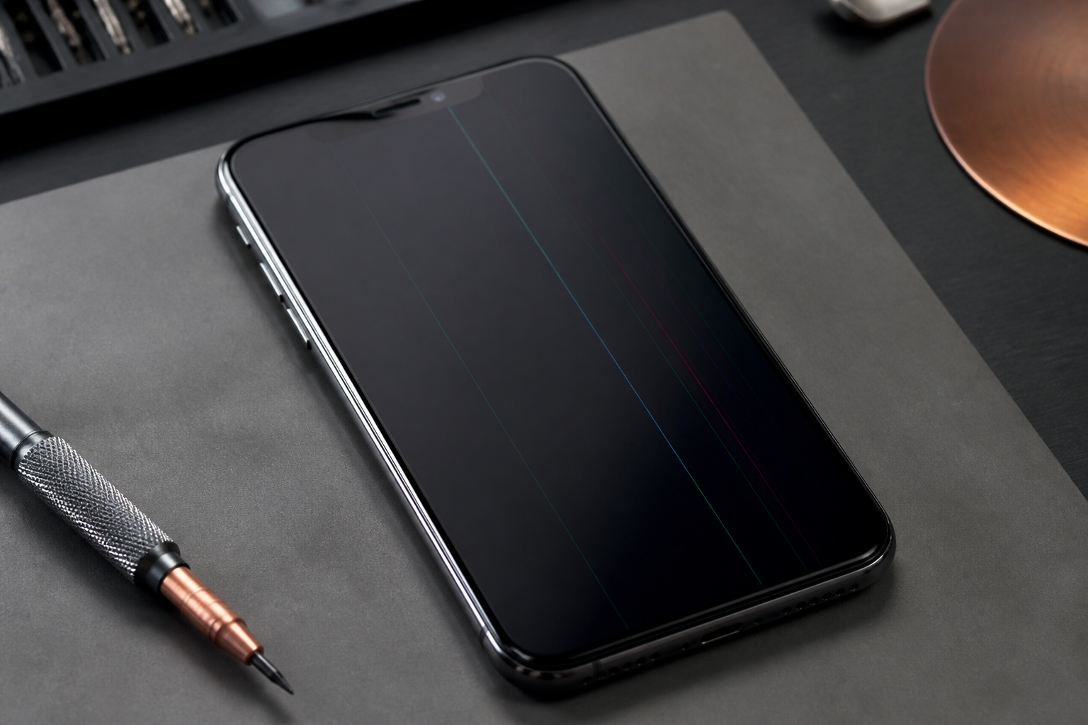 Pantalla de iPhone con líneas verticales de colores sobre esterilla de reparación