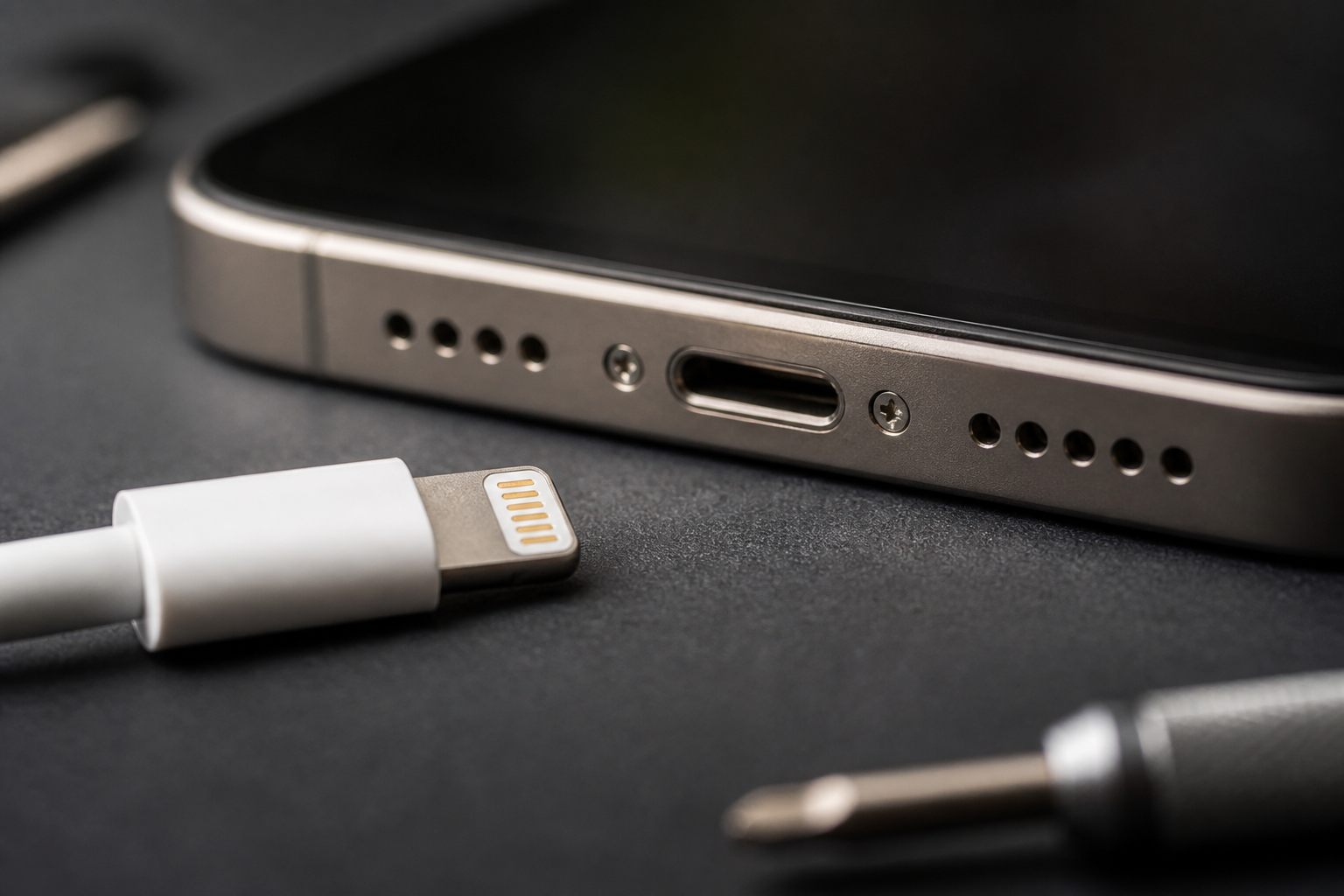 Detalle del puerto Lightning de un iPhone con cable de carga