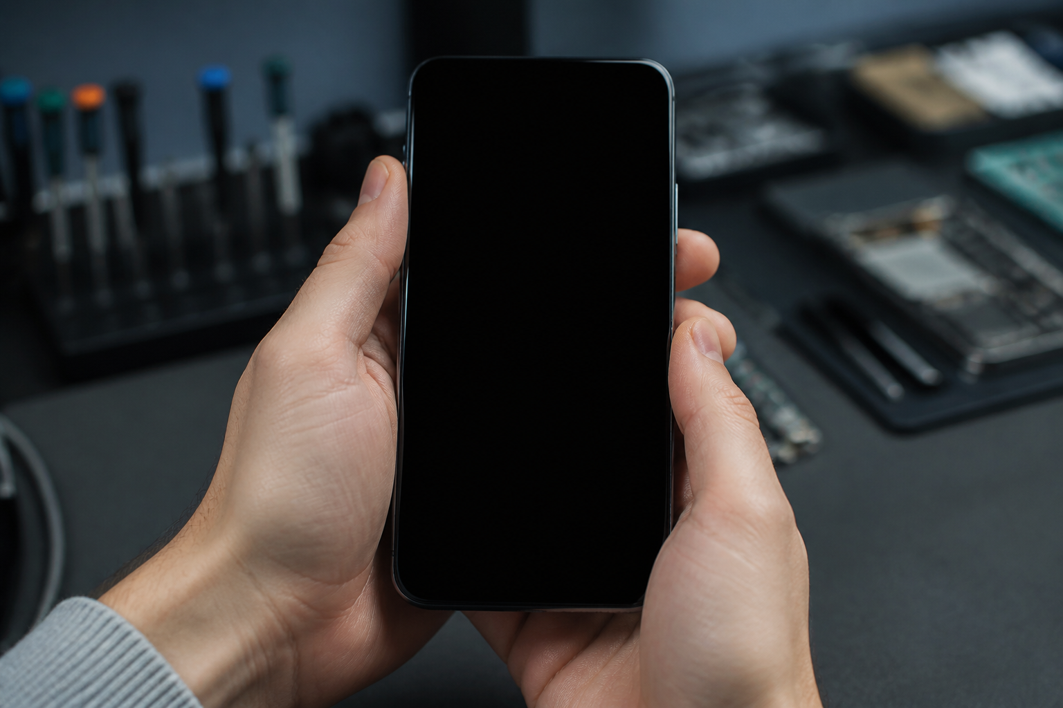 Persona sosteniendo un iPhone con la pantalla completamente negra