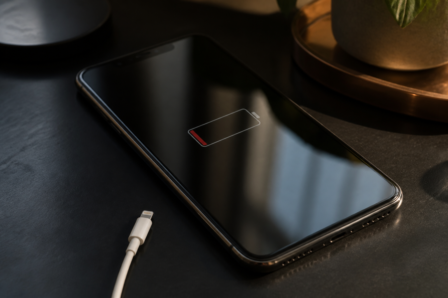 iPhone 12 Pro Max sobre una mesa con cable Lightning y batería baja