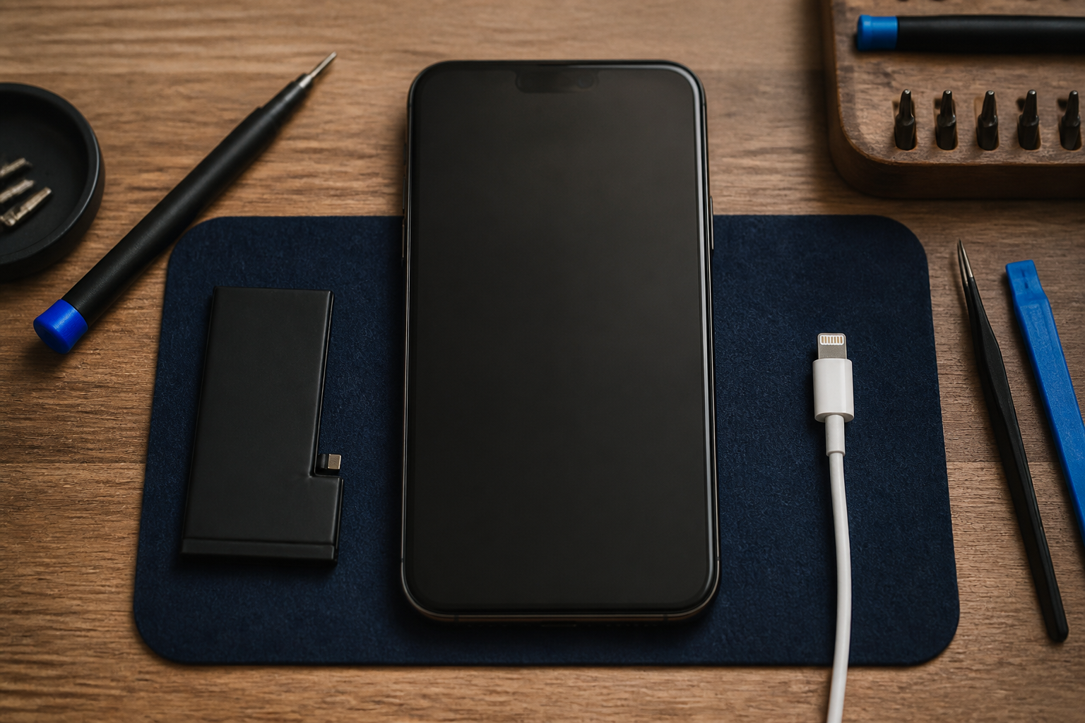 iPhone en el centro con cable Lightning ilustrando diagnóstico de batería o conector