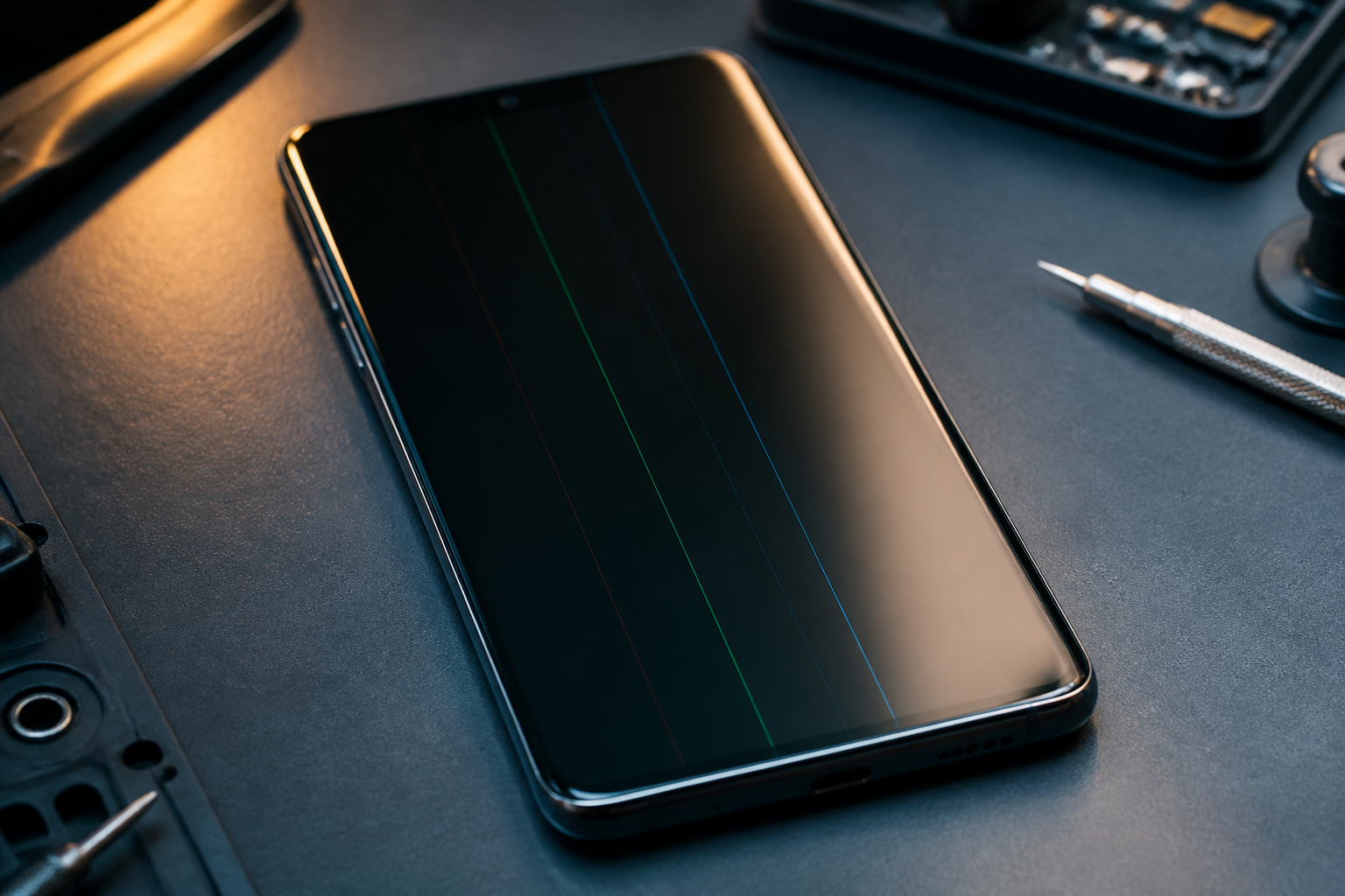 Pantalla de iPhone con líneas verticales de colores sobre esterilla de reparación