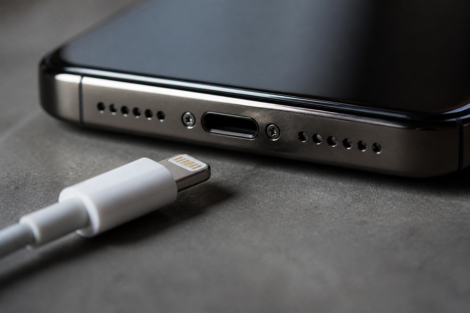 Detalle del puerto Lightning de un iPhone con cable de carga