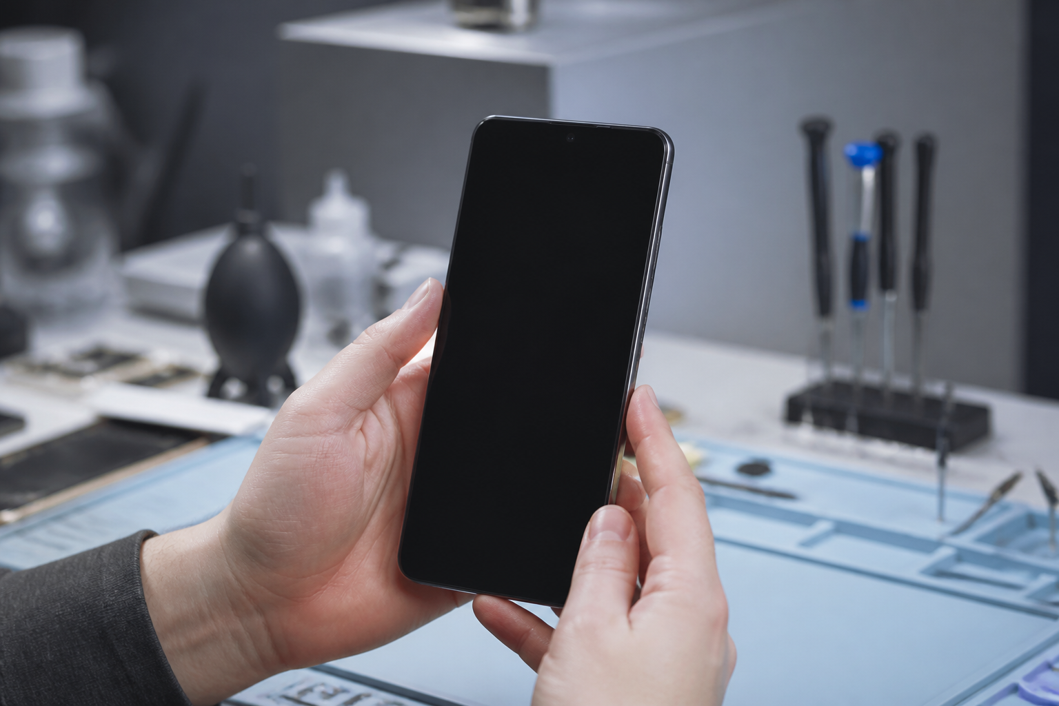 Persona sosteniendo un iPhone con la pantalla completamente negra