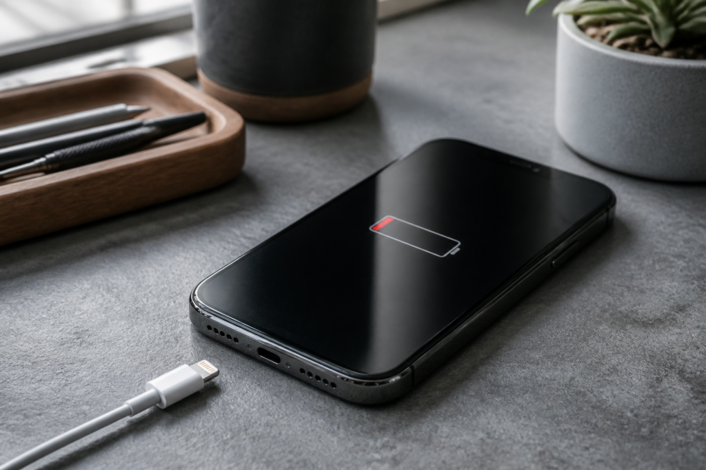 iPhone 13 Pro Max sobre una mesa con cable Lightning y batería baja